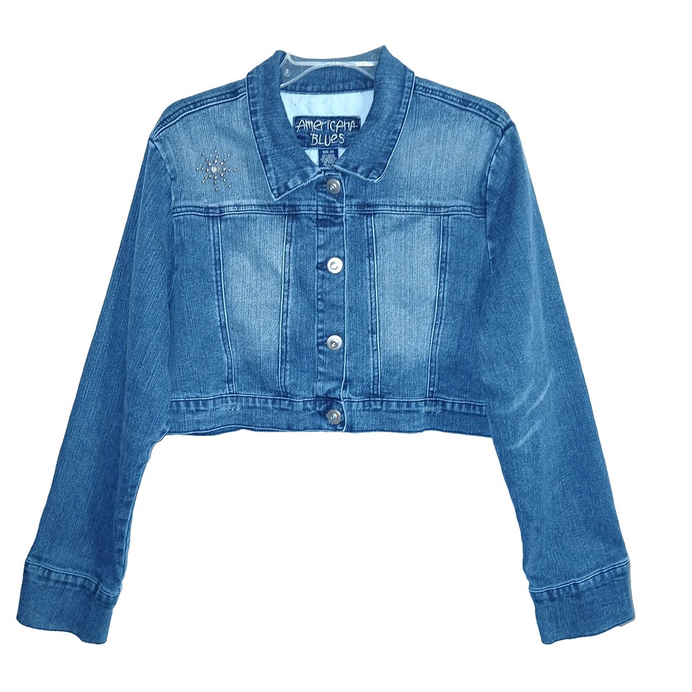 Americana Blues Ramie Cotton Blend Denim Shrug Jacket Women 2X Distress Diamond